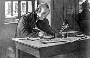 Б.М.Кустодиев. Акакий Акакиевич. Иллюстрация к повести «Шинель» Н.В.Гоголя. 1905 г.