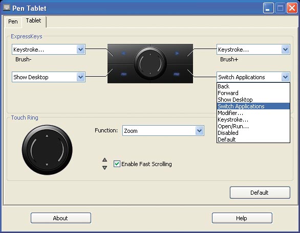Окно с настройками функций клавиш (ExpressKeys) и сенсорного кольца (Touch Ring)