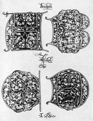 Рис. 3. Израель ван Мекенем перенял от своего учителя любовь к подробностям и изощренность в технике гравирования. Первый лист «Большого прописного алфавита». Бохольт, середина 1480-х годов