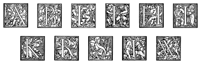 Рис. 12. Тема деревенских будней и праздников на фоне букв не имеет ничего общего с содержанием книг, в которых печатались эти инициалы. Ксилографии из «крестьянского» алфавита Ганса Гольбейна Младшего. Базель, 1524 год
