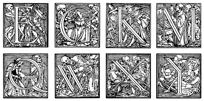 Рис. 15. Смерть похищает кардинала (E), королеву (G), графа (K), врача (M), монашенку (Q), отшельника (W), игрока (X) и дитя (Y). Буквы из алфавита «Пляска Смерти» по рисункам Ганса Гольбейна Младшего. Издательство Бебеля и Кратандера. Базель, 1524 год