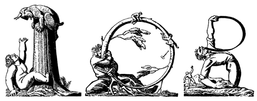 Рис. 16. Дальний потомок ренессансного Гаргантюа — неутомимый трудяга Поль Буньян — не прочь похвастаться, на что он способен. Инициалы, выполненные Рокуэллом Кентом для книги «Поль Буньян» Эстер Шепард. США, 1941 год