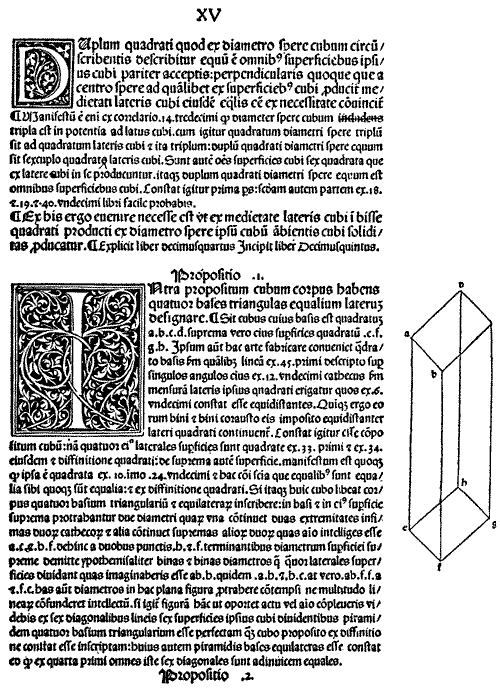 Рис. 2. Помимо черно-белых инициалов, настоящим украшением первого издания евклидовых «Начал» стали 400 чертежей и диаграмм, оттиснутых на полях книги Типография Эрхарда Ратдольта. Венеция, 1482 год