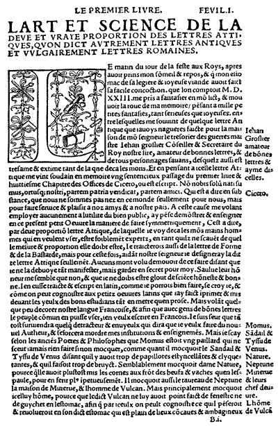 Рис. 4. В отличие от инициалов, насыщенных черным цветом, контурная литера не подавляет весом штриха набор начальной страницы. Зеркало набора напоминает равномерно цветущий луг, образ которого Жоффруа Тори избрал для названия своего трактата «Цветущий луг». Париж, 1529 год