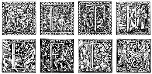 Рис. 7. Несмотря на искусную композицию каждого инициала, буква в нем явно отчуждена от изображения: насколько осязаемы и подвижны фигурки людей, настолько статичны и монументальны литеры. Инициалы из «библейского» и «античного» алфавитов Ганса Гольбейна Младшего. Базель, 1520-1524 годы