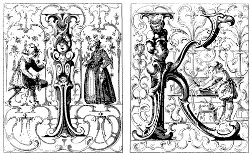 Рис. 10. Рядом с юными героями инициалов ороговевшие формы букв кажутся еще более тяжеловесными и причудливыми. Алфавит Лукаса Килиана. Аугсбург, 1627 год