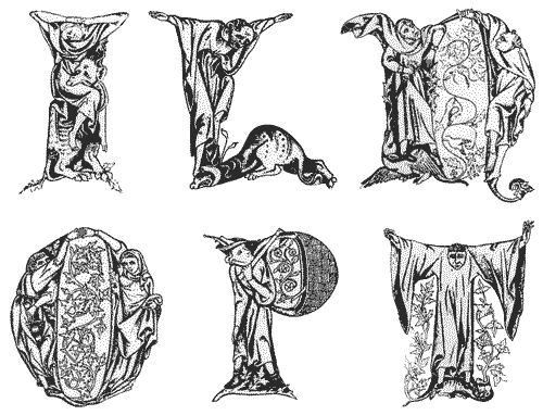 Рис. 11. Персонажам готических фигурных инициалов привычно находиться в замкнутом пространстве. Они выращены внутри букв, как гомункулы в ретортах алхимиков Берлинский алфавит, около 1400 года