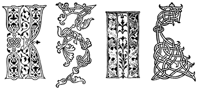 Рис. 14. Из трех различных орнаментов два — арабесковый («К») и балканский («З» и «В») — в будущем больше не встретятся в рисунке московских гравированных буквиц, а старопечатный («П») претерпит существенные изменения, которые пойдут ему только на пользу. Инициалы широкошрифтного Четвероевангелия. Анонимная типография. Москва, 1563-1564 годы