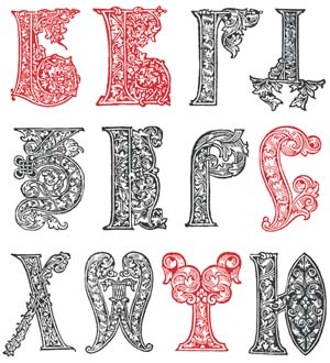 Рис. 1. Одно из немногих новшеств коснулось второй краски: в XVII веке московские печатники стали оттискивать крупные инициалы киноварью Гравированные буквицы из изданий Московского печатного двора 1615-1668 годов