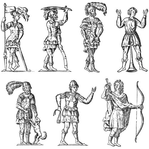 Рис. 7. Несмотря на то что Карион Истомин адресовал свой букварь не только «отрокам», но и «отроковицам», большинство героев его фигурных инициалов — люди военные Буквы «Б», «В», «Г», «Ж», «Ъ», «Ять» и «Ю». Москва, 1694 год