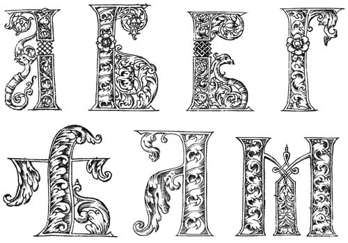 Рис. 8. Наряду с традиционными цветами, ягодами и угловатой плетенкой петли в некоторых буквах завершались птичьими головами — новым мотивом в орнаменте русского барокко Узорные инициалы из «Букваря» Кариона Истомина. Москва, 1694 год
