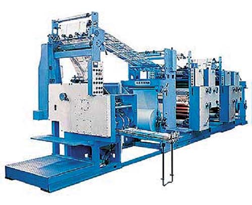 Рис. 12. Общий вид рулонной офсетной машины ПОГ-60 в конфигурации с двумя рулонными зарядными устройствами, двумя печатными модулями и фальцевальным аппаратом