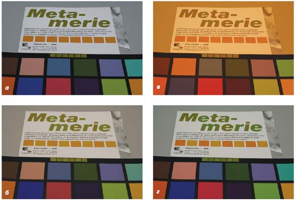 Рис. 3. Визуальное восприятие различных источников: а — D50; б — Cool White Fluorescence; в — источник А; г — TL 84