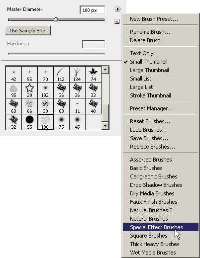 Если вы развернете параметр Brush на панели инструментов и пройдете по кнопке, то увидите ряд команд, из которых весь последний блок — кисти, которые Photoshop имеет в наличии! Перед вами так называемая «Библиотека кистей». Выберите, например, набор Special Effect Brushes.