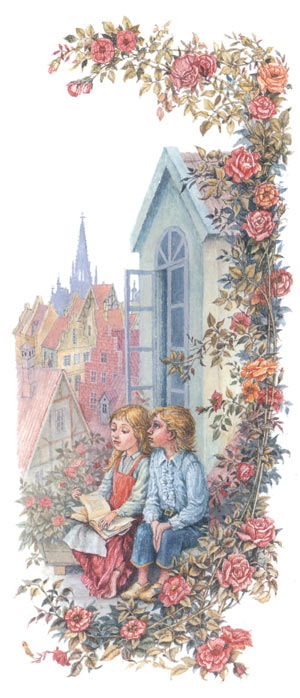 Кай и Герда. 10Ѕ23 см. Бумага, акварель Иллюстрация к кн.: Андерсен Х.-К. Снежная королева. Париж: Ipomcee