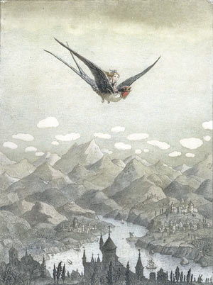 Иллюстрация «Полет на ласточке»
к сказке Х.-К. Андерсена «Дюймовочка». 24Ѕ30 см. Офорт, акватинта, акварель