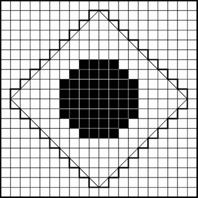 Рис. 12. Растровая ячейка, расположенная под углом 45°, состоит из 180 точек