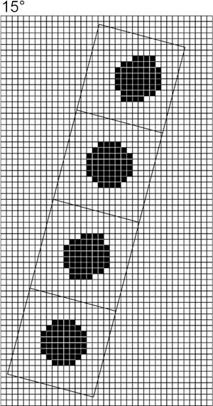 Рис. 20. Четыре растровые ячейки, расположенные под углом
