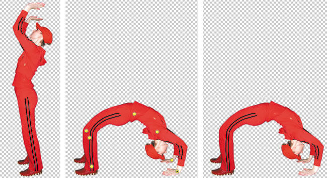 Рис. 12. Примеры использования марионеточной деформации: а — встаем на мостик, б — изгибаем георгиевскую ленточку в девятку