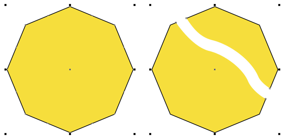 Рис. 17. Исходный векторный объект (слева) был разделен при помощи инструмента Нож на две части